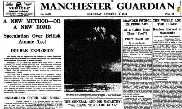 Bom tersebut berhasil diledakkan pada pukul 07:59:24 pada 3 Oktober 1952 waktu setempat, yaitu 23:59:24 pada 2 Oktober 1952 UTC, 00:59:24 pada 3 Oktober di London, dan 07:59:24 pada 3 Oktober. Oktober di Perth – Bom atom inggris pertama