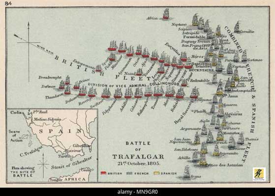 Pertempuran Trafalgar, (21 Oktober 1805), keterlibatan angkatan laut dari Perang Napoleon, yang mendirikan supremasi angkatan laut Inggris selama lebih dari 100 tahun; itu bertempur di barat Cape Trafalgar, Spanyol, antara Cádiz dan Selat Gibraltar. Armada 33 kapal (18 Prancis dan 15 Spanyol) di bawah Laksamana Pierre de Villeneuve melawan armada Inggris yang terdiri dari 27 kapal di bawah Laksamana Horatio Nelson.