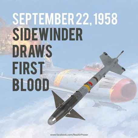 sebuah roket berbentuk jarum sepanjang 9 kaki yang dijuluki Sidewinder, ditembakkan dari #ROCAF F-86, mencetak kemenangan udara pertamanya (22 September 1958). Sekitar 4-5 MiG Tiongkok jatuh ke AIM-9 pada hari itu, menjadi pesawat pertama yang dijatuhkan oleh AAM dalam pertempuran