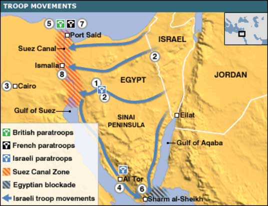 Pada tanggal 29 Oktober 1956, 10 brigade Israel menyerbu Mesir dan maju ke arah Terusan Suez, mengalahkan pasukan Mesir. Inggris dan Prancis, mengikuti rencana mereka, menuntut agar pasukan Israel dan Mesir mundur dari Terusan Suez, dan mereka mengumumkan bahwa mereka akan campur tangan untuk menegakkan gencatan senjata yang diperintahkan oleh Perserikatan Bangsa-Bangsa. Pada tanggal 5 dan 6 November, pasukan Inggris dan Prancis mendarat di Port Said dan Port Fuad dan mulai menduduki zona Terusan Suez.