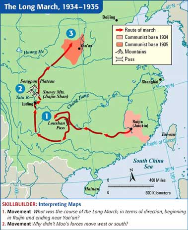 Peta berbagai daerah para komunis Cina yang membentuk Republik Soviet Tiongkok dan rute Long March