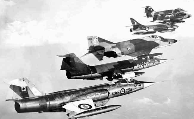 Formasi NATO-termasuk CAF CF-104 Starfighter, F-104 Jerman, McDonnell F-4 Phantom-II USAF, Hawker Hunter RAF, F-84F Thunderstreak Perancis dan F-104 Italia sekitar tahun 1969