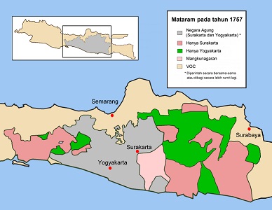 Peta pembagian Mataram pada tahun 1757 sebagai hasil dari Perjanjian Giyanti dan Perjanjian Salatiga.