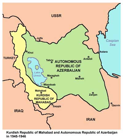 Penduduk Iran Pro-Soviet memproklamirkan separatis Pemerintah Rakyat Azerbaijan dan separatis Kurdi Republik Mahabad