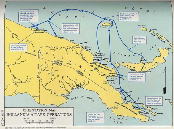 Peta operasi militer Operations Reckless dan Persecution di Holandia/Jayapura dan Aitape 1944