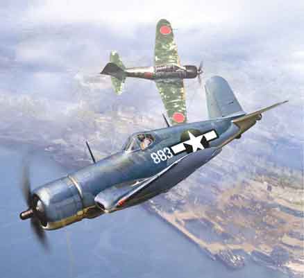 pesawat Vought F4U Corsair dan Mitsubishi A6M Zero