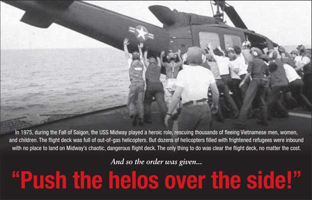 Helikopter AD Amerika didorong ke laut dari USS Midway untuk membersihkan ruang dek untuk lebih banyak helikopter yang masuk