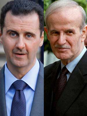 Presiden Suriah berkuasa Bashar Hafez al-Assad(Kiri) dan yang digantikannya Hafez al-Assad(kanan)