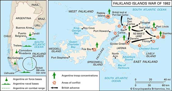 Peta pendaratan perang Malvinas oleh Inggris