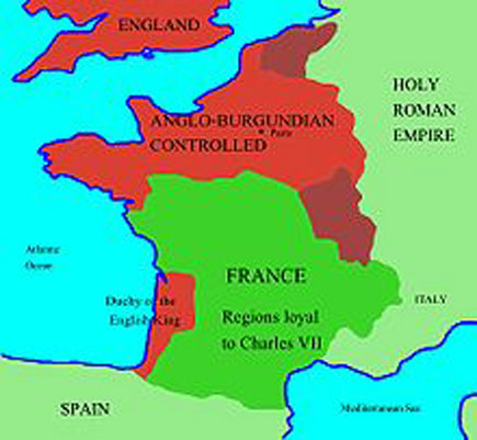 Wilayah Prancis sebelum munculnya Jeanne d'Arc. Wilayah berwarna merah dikuasai Inggris dan Burgundi, termasuk Paris yang terletak di tengah. Reims terletak di bagian timur laut.