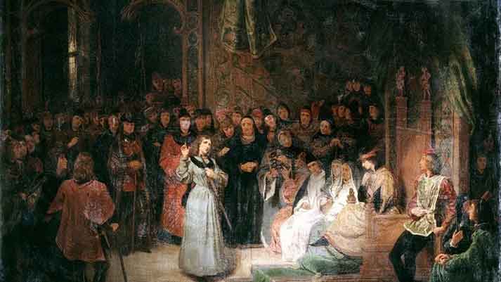 Joan of Arc menjawab pertanyaan para uskup.