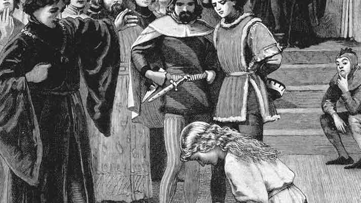 Joan of Arc, pahlawan wanita dan martir Prancis, berlutut di depan dauphin Charles (kemudian Charles VII, raja Prancis).