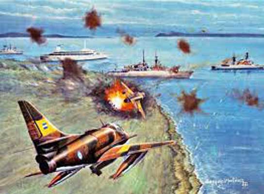 Ilustrasi pertempuran Skyhawk Argentina dengan Armada Laut Inggris