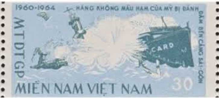 Perangko Vietnam Utara tentang tenggelamnya kapal USNS Card
