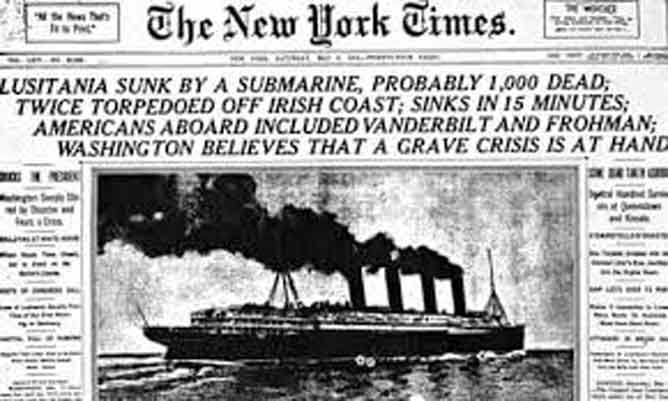 Surat kabar koran New York Times tentang tenggelannya kapal RMS Lusitania