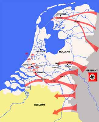 Pasukan Jerman menyerbu Belgia, Belanda, Luksemburg, dan Prancis dalam enam minggu mulai Mei 1940