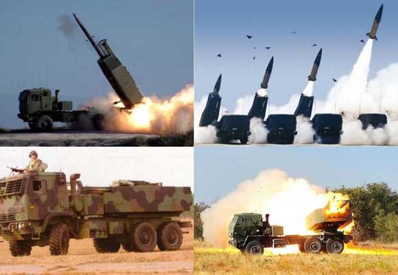 Peluncur roket M142 HIMARS dengan roket konvensional dan