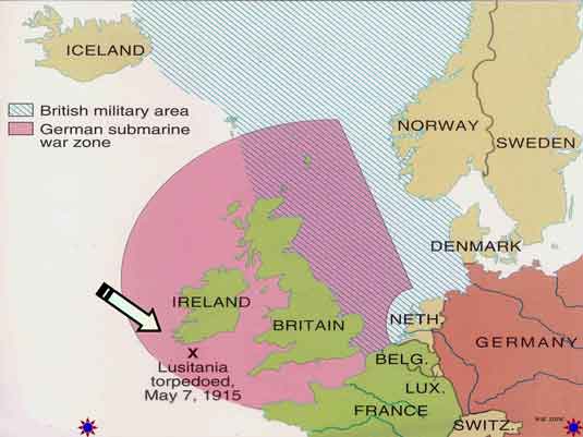 zona perang di sekitar Inggris dan tempat tenggelammnya RMS Lusitania