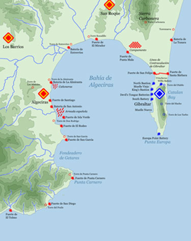 Peta Teluk Gibraltar di mana posisi benteng dan baterai Spanyol dan Inggris ditunjukkan.
