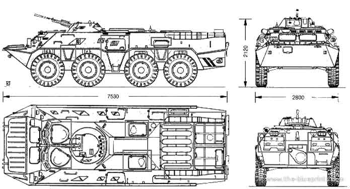 Soviet mendasarkan BTR-80 pada BTR-70 APC, yang didasarkan pada BTR-60. Ini memiliki mesin diesel berpendingin air 260-hp V-8 turbocharged, peningkatan dari mesin bensin kembar yang dipasang di kendaraan BTR-60 dan BTR-70. Bagian belakang lambung yang dikonfigurasi ulang mengakomodasi mesin tunggal baru. Soviet melepas talang atap BTR-70 yang dimodifikasi, mengangkat bagian belakang, dan memasang kompartemen mesin miring ke belakang .