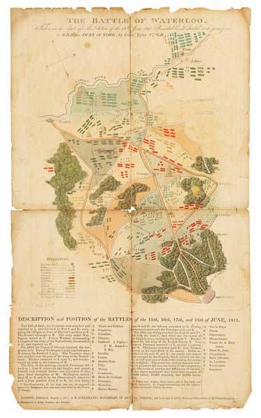 Peta pertempuran Waterloo pertama yang tersedia secara komersial. Pertempuran Waterloo, Diambil di Tempat, setelah Aksi 18 Juni 1815, Dipersembahkan & Didedikasikan dengan Izin kepada H.R.H. Duke of York, oleh Letnan Tyler 2nd G.B. [Batalyon Garnisun].