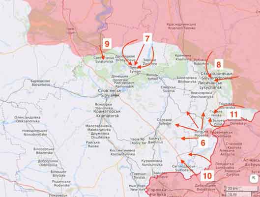 The second part of the list of operations: 6 Advance from Popasna 7 Assault Liman 8 Storming of Severodonetsk 9 Assault on Svyatogorsk 10 Attack on Svetlodarsk 11 Surrounding the Golden