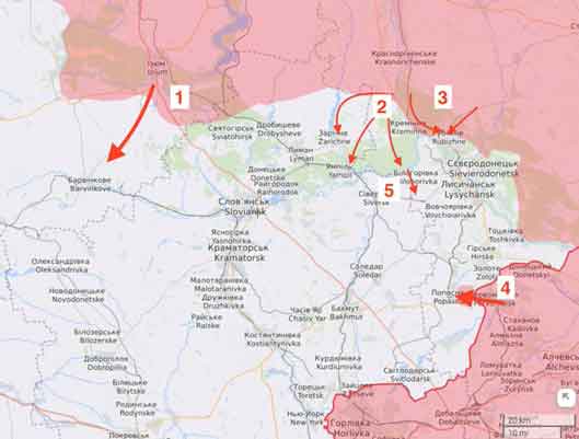 From April to the end of June, I see the Russian offensive as a chain of local operations. I got the following list (part 1): 1 Offensive from Izyum 2 Advance towards Belogorovka 3 Assault on Rubizhne 4 Assault on Popasna 5 Forcing the Seversky Donets near Belogorovka