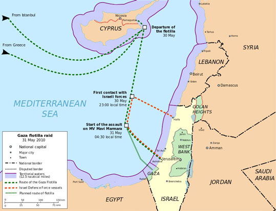 peta lokasi penyerangan kapal pembawa bantuan MV Mavi Marmara