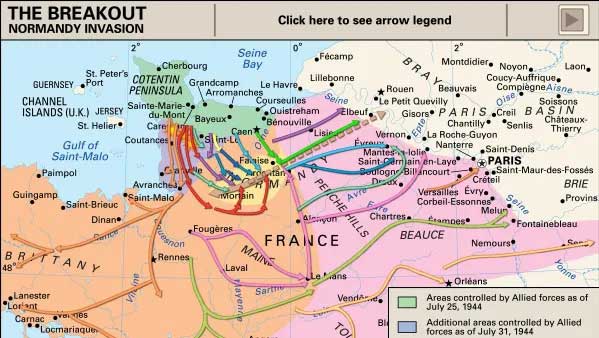 Invasi Normandia Peta animasi pelarian Sekutu dari Normandia, Prancis, Juli–Agustus 1944. Lihat rute serangan dan unit pertempuran di Operasi Cobra (25–31 Juli), pelarian ke Brittany dan Normandia Atas (1–13 Agustus), penutupan kantong Falaise (16–20 Agustus), dan perjalanan ke Paris (21–25 Agustus).
