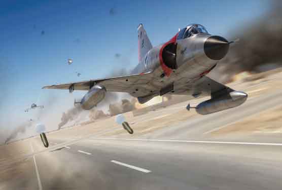 Ilustrasi Mirage-III melepaskan bom anti landasan