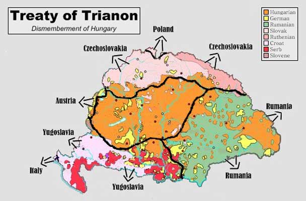 Wilayah berdasarkan etnis di Hungaria dan batas yang terbagi setelah perjanjian Trianon