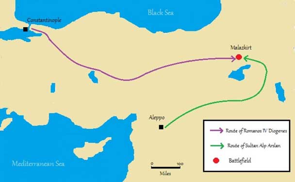 Pertempuran Manzikert, (26 Agustus 1071), pertempuran di mana Bizantium di bawah kaisar Romanus IV Diogenes dikalahkan oleh Turki Seljuk yang dipimpin oleh sultan Alp-Arslan (berarti "Singa Pahlawan" dalam bahasa Turki). Itu diikuti oleh penaklukan Seljuk atas sebagian besar Anatolia dan menandai awal dari akhir Kekaisaran Bizantium sebagai negara yang layak secara militer.