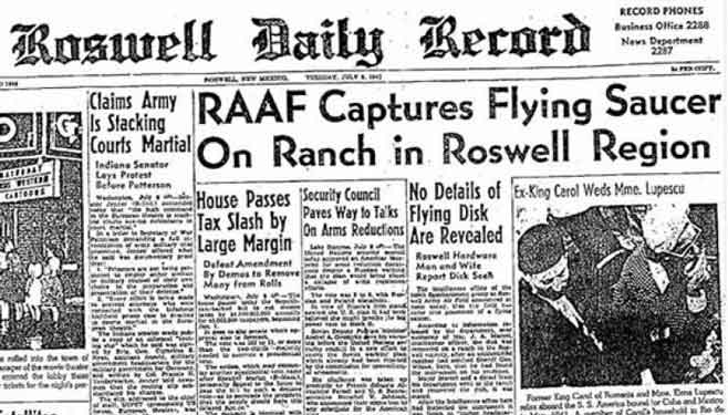 8 Juli 1947, terbitan Roswell Daily Record, mengumumkan "penangkapan" "piring terbang"
