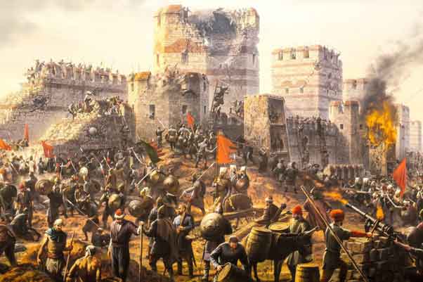 Jatuhnya Konstantinopel menandai berakhirnya Kekaisaran Bizantium (dan secara efektif akhir dari Kekaisaran Romawi) ketika kota itu direbut oleh pasukan Kekaisaran Ottoman pada tahun 1453 M.