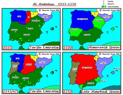 Peta bangkit dan runtuuhnya pengaruh Islam di Andalusia Spanyol dan Portugal modern