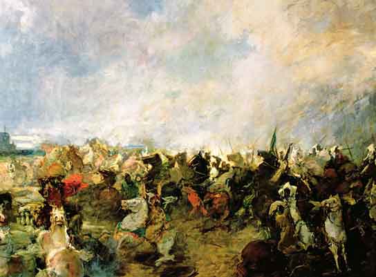 Batalla de Guadalete (Spanyol untuk "Pertempuran Guadalete") oleh pelukis Spanyol Salvador Martinez Cubells (1845-1914 M). Lukisan itu menggambarkan Pertempuran Guadalete yang bersejarah pada 711 M, pertempuran antara Kekhalifahan Umayyah dan Rodric, raja Visigoth dari Hispania.