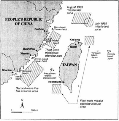 21 Juli 1995, Krisis Selat Taiwan Ketiga, peta uji coba rudal dan latihan pendaratan pasukan oleh Cina