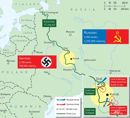 Pertempuran Kursk, (5 Juli–23 Agustus 1943), serangan Jerman yang gagal terhadap Soviet di sekitar kota Kursk, di Rusia barat, selama Perang Dunia II. Yang menonjol adalah tonjolan di garis Soviet yang membentang 150 mil ( 240 km) dari utara ke selatan dan menjorok 100 mil (160 km) ke barat ke garis Jerman.Dalam upaya untuk memulihkan serangan di Front Timur, Jerman merencanakan serangan mendadak terhadap yang menonjol dari utara dan selatan, berharap untuk mengepung dan menghancurkan pasukan Soviet di dalam tonjolan.