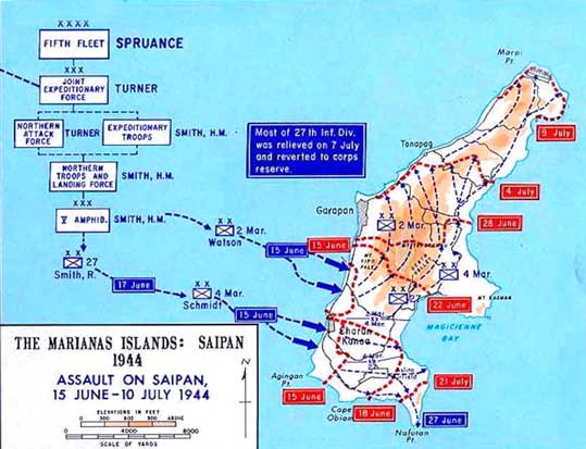 Jepang bertempur dengan ganas, bertahan di gua-gua dan posisi berbenteng lainnya. Kemajuan yang lambat menyebabkan pertengkaran antara komandan Marinir AS, Jenderal "Howlin' Mad" Holland Smith, dan komandan divisi tentara, tetapi secara bertahap Jepang terkurung dalam sebuah pertempuran kecil. daerah di utara pulau Dari sana, beberapa ribu tentara melakukan serangan malam bunuh diri pada tanggal 6-7 Juli, membunuh banyak orang Amerika tetapi juga memusnahkan diri mereka sendiri.