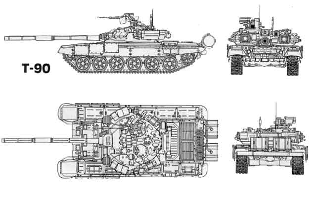 MBT T-90 dikembangkan di Biro Kartsev/Venediktov, `Vagonka' di Nizhnyi Tagil. MBT T-90 ditampilkan untuk pertama kalinya di luar Rusia pada Maret 1997 ketika didemonstrasikan di Abu Dhabi.