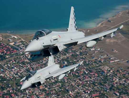 Eurofighter Typhoon dilengkapi dengan dua mesin Eurojet EJ200, masing-masing mampu menghasilkan hingga 60 kN (13.500 lbf) daya dorong kering dan >90 kN (20.230 lbf) dengan afterburner. Menggunakan pengaturan "perang", daya dorong kering meningkat 15% menjadi 69 kN per mesin dan afterburner sebesar 5% menjadi 95 kN per mesin dan selama beberapa detik, daya dorong hingga 102 kN tanpa merusak mesin