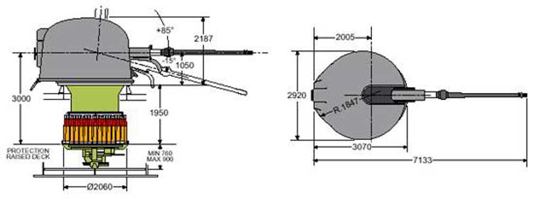 Sketsa Pemasangan meriam Oto-Melara / Oto-Breda 76/62SR 76mm (3-inci) Super Rapid kaliber 62