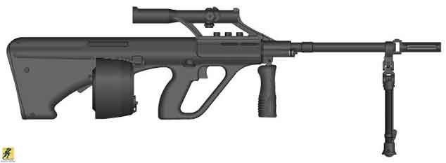 Steyr AUG HBAR (Heavy Barreled Automatic Rifle) adalah varian laras berat yang lebih panjang dari AUG standar untuk digunakan sebagai senapan mesin ringan atau senjata otomatis regu. Ini menggunakan penerima AUG standar dengan cakupan pembesaran 1,5x.