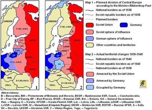 Pakta Molotov–Ribbentrop - Selain ketentuan non-agresi yang diumumkan secara publik, perjanjian tersebut mencakup Protokol Rahasia, yang menetapkan batas-batas wilayah pengaruh Soviet dan Jerman di seluruh Polandia, Lituania, Latvia, Estonia, dan Finlandia. Protokol rahasia juga mengakui kepentingan Lituania di wilayah Vilnius, dan Jerman menyatakan ketidaktertarikannya sepenuhnya pada Bessarabia. Keberadaan Protokol Rahasia yang dikabarkan hanya terbukti ketika diumumkan selama Pengadilan Nuremberg