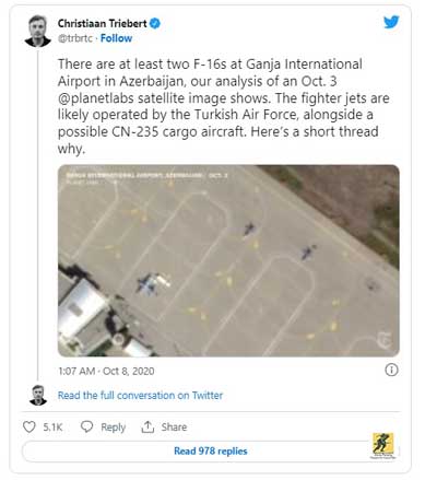 Turki telah menyimpan sejumlah pesawat tempur F-16 di Azerbaijan setelah latihan bersama pada bulan Juli sebagai pencegah terhadap serangan Armenia, sumber-sumber yang akrab dengan masalah ini mengatakan kepada Middle East Eye. "F-16 telah ada sebagai pencegah terhadap serangan Armenia terhadap populasi sipil dan instalasi militer di Azerbaijan," kata salah satu sumber.