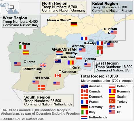 Mayoritas pasukan asing di Afghanistan berada di bawah komando Pasukan Bantuan Keamanan Internasional (ISAF) pimpinan NATO. Didirikan oleh Dewan Keamanan PBB pada bulan Desember 2001, peran yang dinyatakan adalah untuk mempromosikan keamanan dan pembangunan. ISAF juga terlibat dalam pelatihan Tentara Nasional Afghanistan (ANA) dan Polisi Nasional Afghanistan (ANP).