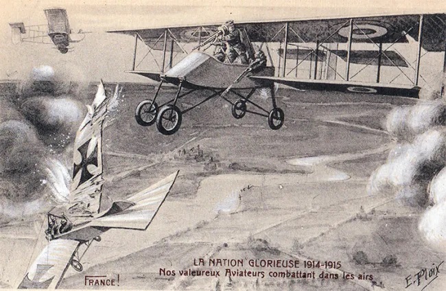 Pada tanggal 5 Oktober 1914, pilot Prancis Louis Quenault melepaskan tembakan di pesawat Jerman dengan senapan mesin untuk pertama kalinya dan era pertempuran udara sedang berlangsung karena semakin banyak pesawat yang dilengkapi dengan senapan mesin.