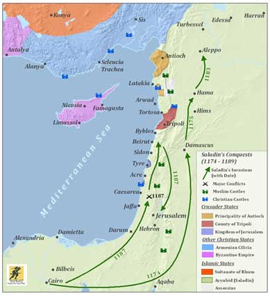 Yusuf ibn Ayyub ibn Shadi lebih dikenal dengan julukannya Saladin adalah seorang Muslim dari Kurdi yang menjadi sultan pertama Mesir dan Suriah, dan merupakan pendiri dinasti Ayyubiyah. Saladin memimpin kampanye militer Muslim melawan negara-negara Tentara Salib di Levant. Dia awalnya dikirim ke Fatimiyah Mesir pada tahun 1164 bersama pamannya Shirkuh, seorang jenderal tentara Zengid, atas perintah tuan mereka Nur ad-Din untuk membantu memulihkan Shawar sebagai wazir remaja khalifah Fatimiyah al-Adid