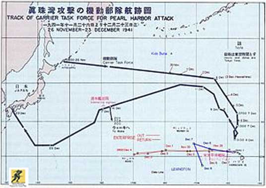 Rute yang dijalani oleh armada Jepang ke Pearl Harbor dan jalur kembali