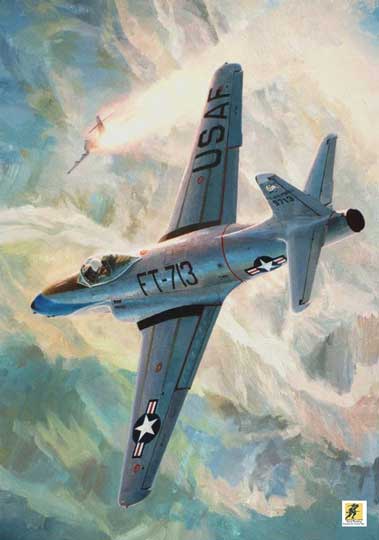 Lukisan karya seniman penerbangan terkenal Keith Ferris ini menggambarkan Lockheed F-80C Shooting Star milik Letnan 1 Russell Brown saat ia menembak jatuh Mikoyan-Gurevich MiG 15 musuh di atas Korea, 8 November 1950.